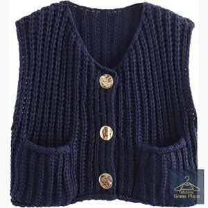 Sleeveless Cropped Knit Cardigan Button Down Sweater Vest with Pockets